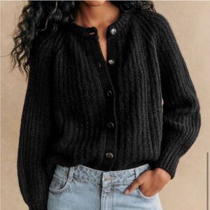 Sezane Black Ribbed Cardigan Sweater